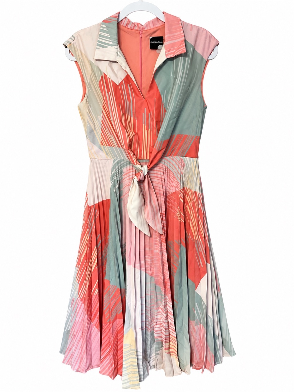 Maison Tara Geometric Pleated A-Line Midi Dress Like New